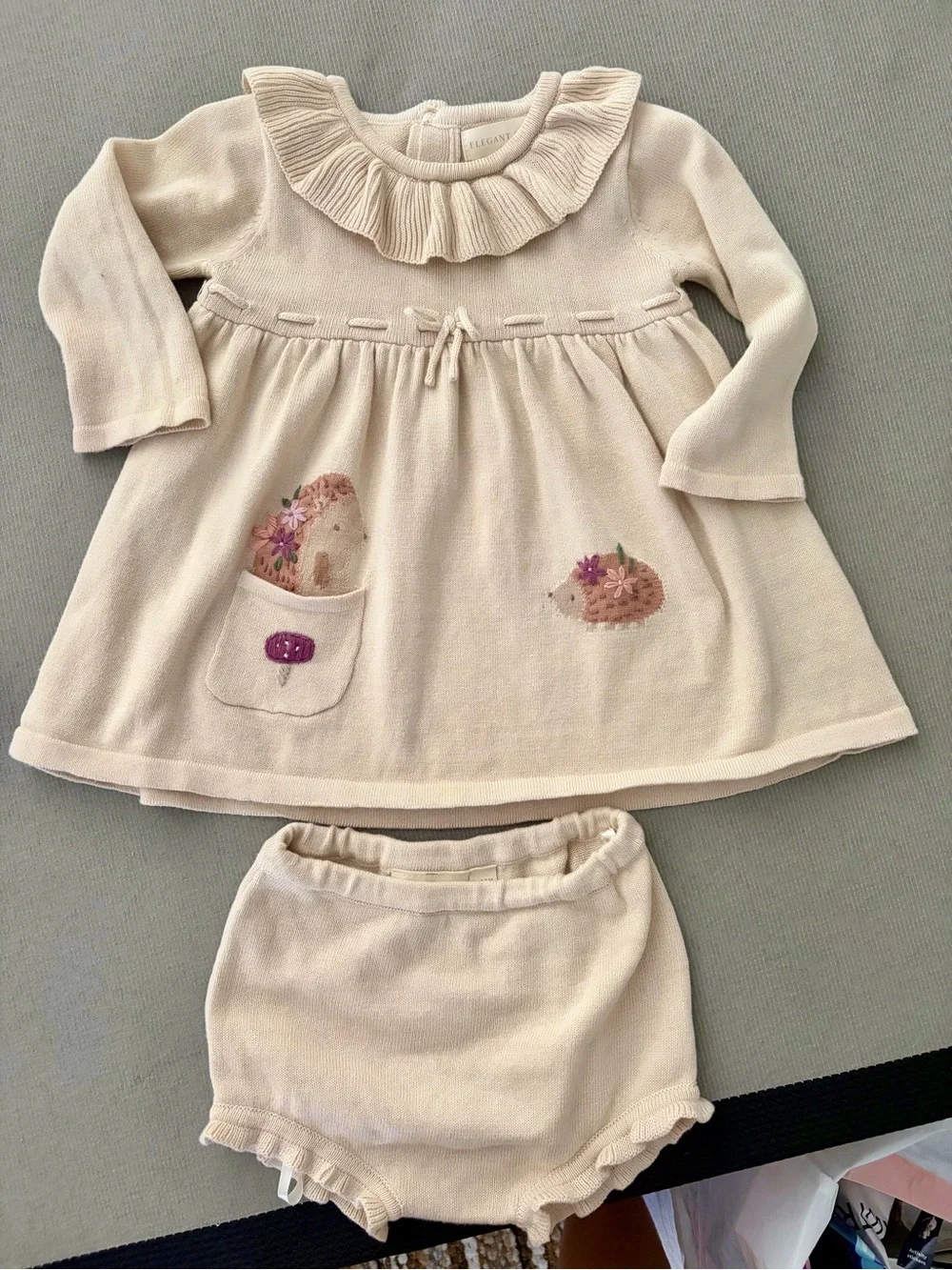Cream Knit Baby Dress & Bloomers Set with Hedgehog Appliqué